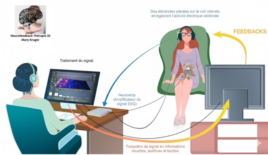 une Cliente est installée dans un fauteuil avec un casque sur les oreilles et des capteurs sur le cuir chevelu relié à un ordinateur, elle regarde un écran. Devant un bureau, installée face à la cliente, se trouve une praticienne en Neurofeedback qui est face à son ordinateur d'ou son envoyé les feedback que reçoit la cliente